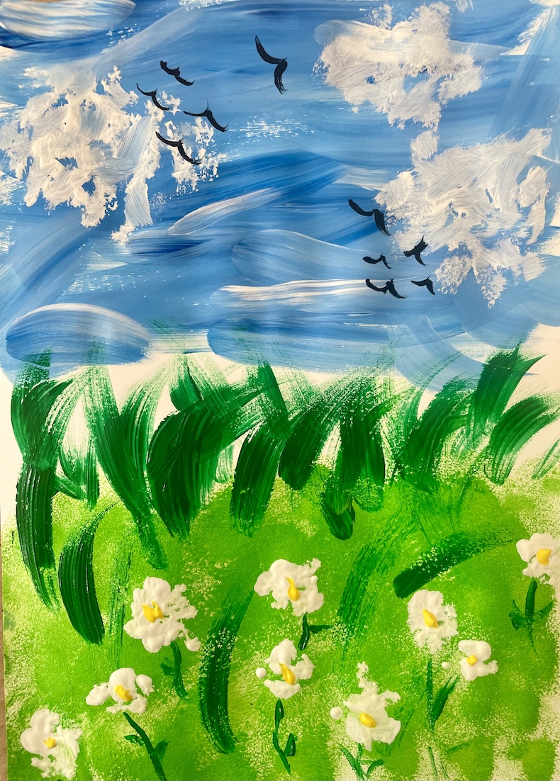 Sommerwiese mit Blumen, blauer Himmel, Vögel